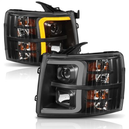 ANZO 07-13 Chevrolet Silverado 1500 Plank Style Projector Headlights Black w/ Amber - Image 3