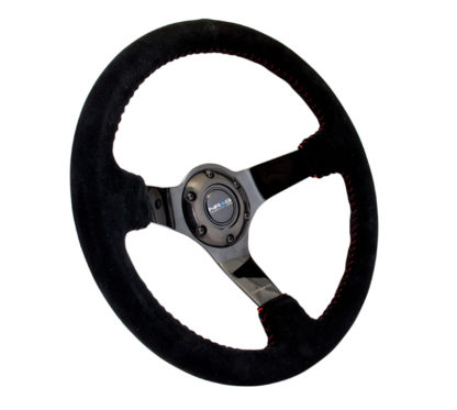 NRG Reinforced Steering Wheel (350mm / 3in. Deep) Blk Suede w/Red BBall Stitch & Black 3-Spoke - Image 2