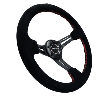 NRG Reinforced Steering Wheel (350mm / 3in. Deep) Blk Suede w/Red Stitching & 5mm Spokes w/Slits - Image 2