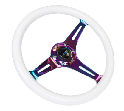 NRG Classic Wood Grain Steering Wheel (350mm) Glow-N-The-Dark Green Grip w/Neochrome 3-Spoke Center - Image 3