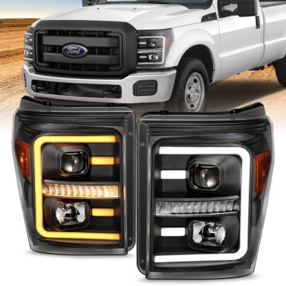 ANZO 2011-2016 Ford F250 Projector Headlights w/ Plank Style Switchback Black w/ Amber - Image 2