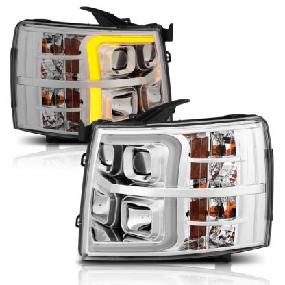 ANZO 07-13 Chevrolet Silverado 1500/2500/3500 Proj Headlights w/ Plank Style Switchback Chrome w/Amb - Image 3