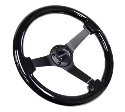 NRG Reinforced Steering Wheel (350mm / 3in. Deep) Black w/Black Chrome Solid 3-Spoke Center - Image 2