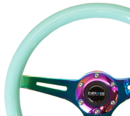 NRG Classic Wood Grain Steering Wheel (350mm) Minty Fresh Color w/Neochrome 3-Spoke Center - Image 2