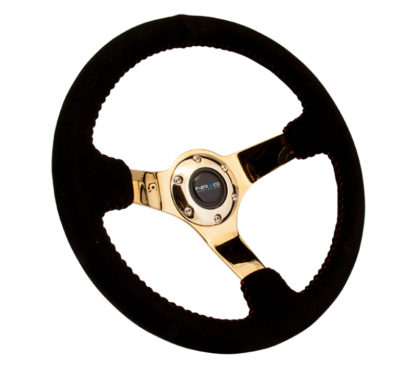 NRG Reinforced Steering Wheel (350mm / 3in. Deep) Blk Suede w/Red BBall Stitch & Chrome Gold 3-Spoke - Image 2